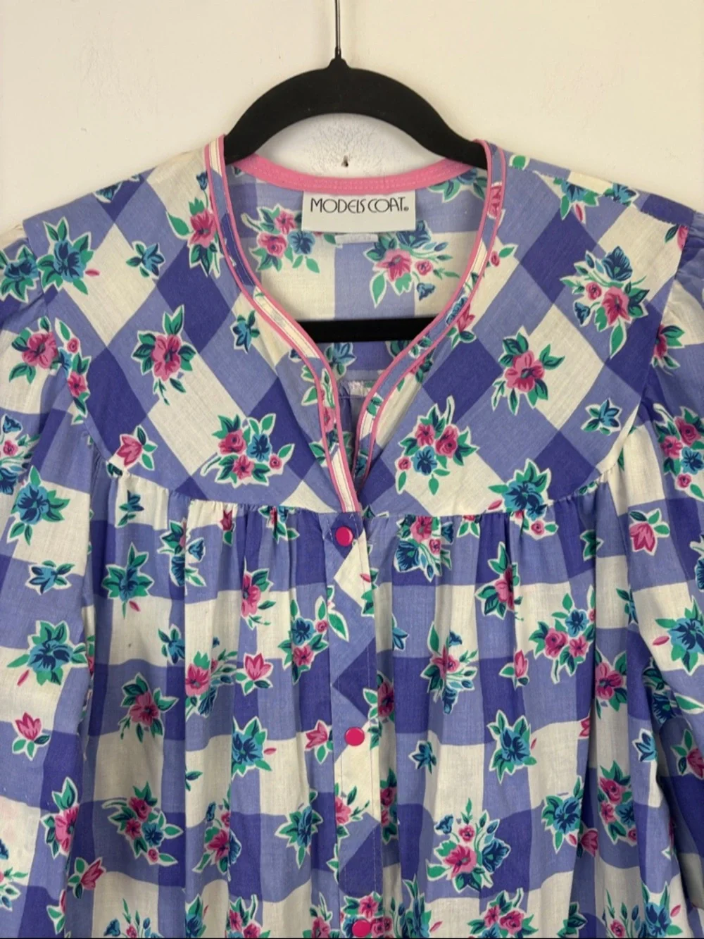 Vintage Models Coat Floral Gingham House Dress Cottagecore Smock Pockets Sz 14 - Picture 3 of 9